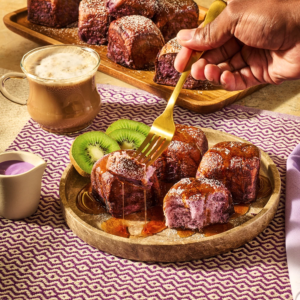French Toast made with King's Hawaiian Ube Coconut Rolls