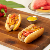 irresistible duo of sausage and peppers nestled in King's Hawaiian Original Hawaiian Sweet Hot Dog Buns 8ct topped with Maui Country Onion Garlic Mustard 7.5oz