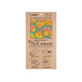 Image of packaged 3 Pack Organic Cotton Beeswax Food wraps with Gradient Pink to Yellow shells on aqua blue background