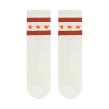 King's Hawaiian white crew socks with orange stripes and repeating crown logo stitching