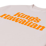 King's Hawaiian beige crewneck with puff print logo graphic, close up King's Hawaiian beige crewneck with puff print logo graphic, close up