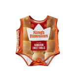 Front of the King's Hawaiian Original Hawaiian Sweet Rolls baby Halloween costume, a sleeveless orange bodysuit printed to look like a package of Hawaiian sweet rolls, with the King's Hawaiian crown logo, a red "Original Hawaiian Sweet Rolls" label, and snap closures at the bottom.