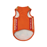 Back of the King's Hawaiian Original Hawaiian Sweet Rolls dog Halloween costume, a solid orange pet tank with red "Hawaiian Sweet Rolls" and white King's Hawaiian side stripes and a soft white lining visible at the openings.