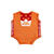 Back of the King's Hawaiian Original Hawaiian Sweet Rolls baby Halloween costume, a solid orange bodysuit with a red tropical flower and leaf print at the neckline, the King's Hawaiian crown logo, and red "Hawaiian Sweet Rolls" side stripes.