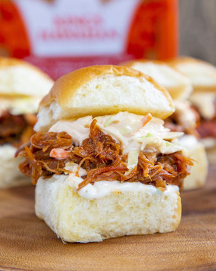 Slow Cooked Pulled Pork with Garlic Aioli & Sriracha Mayo Slaw