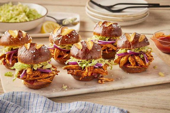 Pulled BBQ Chicken Pretzel Sliders