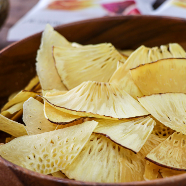 Ulu Mana Garlic Sea Salt 'Ulu Chips, 3.5 Oz in wood bowl