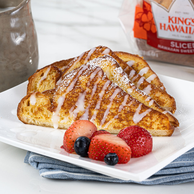 irresistible plate of delicious french toast made with King's Hawaiian Original Hawaiian Sweet Sliced Bread 1lb and French Toast Batter Mix 8oz, topped with Coconut Syrup Mix 4oz