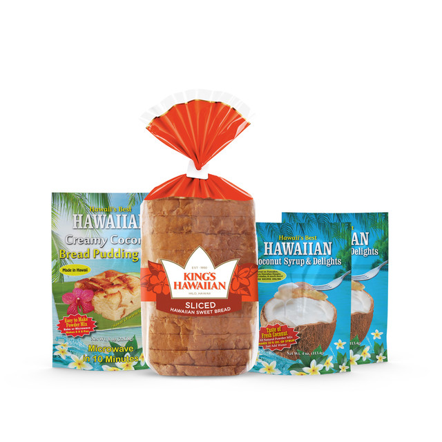 Bread Pudding Sensation Combo Pack includes one pack of King's Hawaiian Original Hawaiian Sweet Sliced Bread 12oz, one pack of King's Hawaiian Hawaiian Creamy Coconut Bread Pudding Mix 8oz, and two packs of King's Hawaiian Coconut Syrup Mix 4oz
