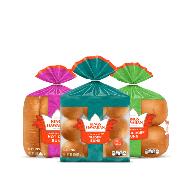 Grilling Party Combo Pack includes one pack of King's Hawaiian Original Hawaiian Sweet Hamburger Buns 8ct, one pack of King's Hawaiian Original Hawaiian Sweet Hot Dog Buns 8ct, and one pack of King's Hawaiian Original Hawaiian Sweet Slider Buns (Pre-Sliced) 9ct