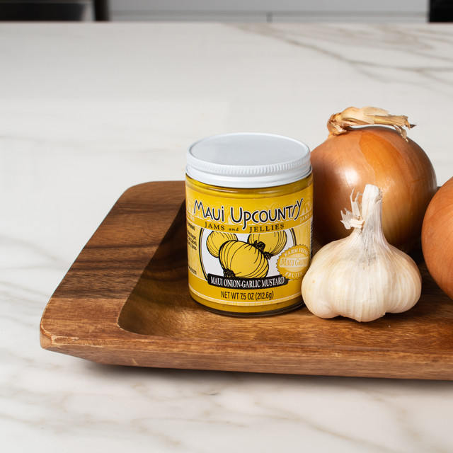 irresistible jar of Maui Upcountry Maui Onion and Garlic Mustard 7.5oz