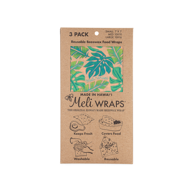 Image of packaged 3 Pack Organic Cotton Beeswax Food wraps with Tropical Green Leaf pattern on Pink background