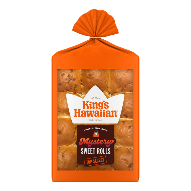 King's Hawaiian Limited-Time Mystery Sweet Rolls in orange packaging with a surprise mystery flavor, 12-count sweet rolls.