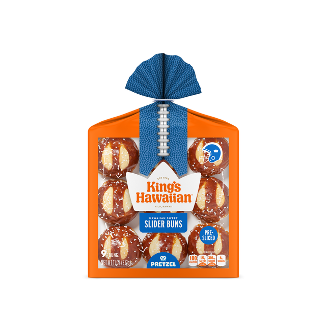 King's Hawaiian Sweet prezel Slider Buns on white background in football packah