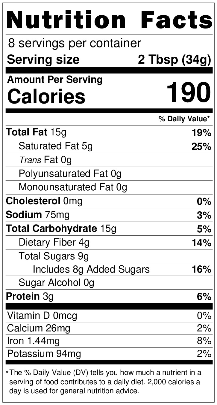 Chocolate Macadamia Spread 9oz Nutritional Label