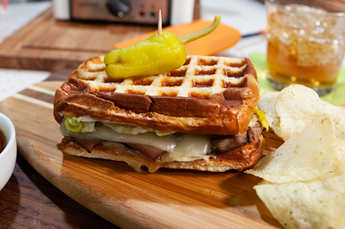 Crunchy Onion-y Roast Beef Waffled Grilled Cheese