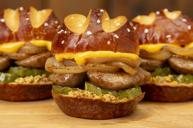 Beer Braised Spicy Bratwurst and Pretzel Slider