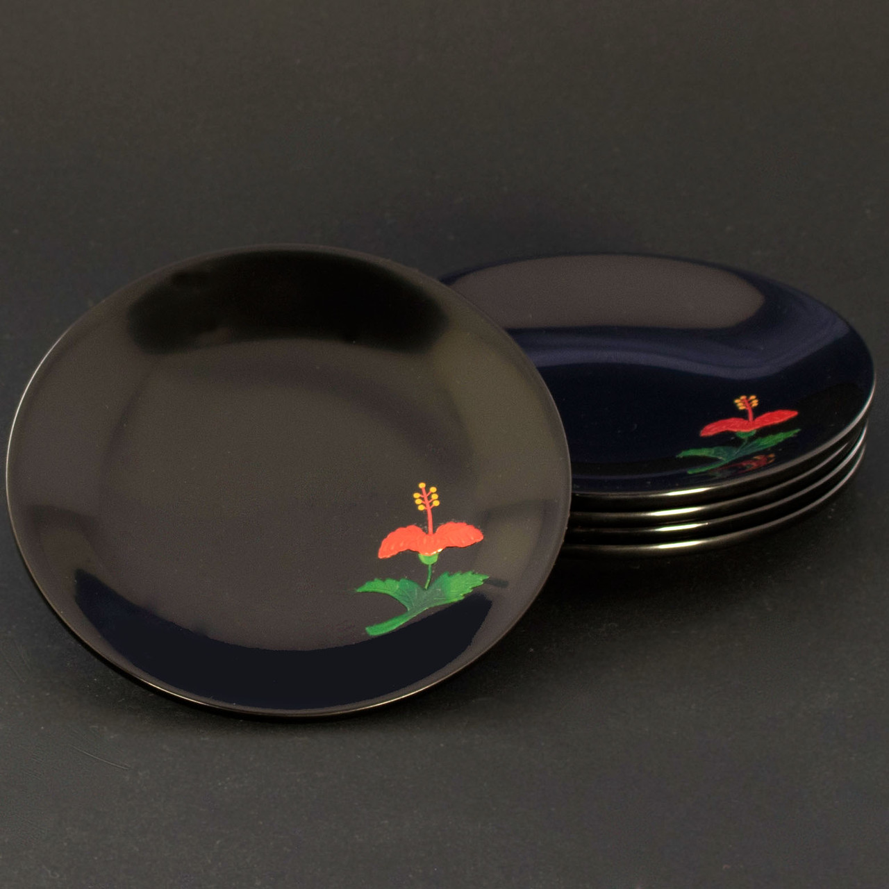 5-Piece Urushi Lacquer Dessert & Appetizer Plate Set, Hibiscus