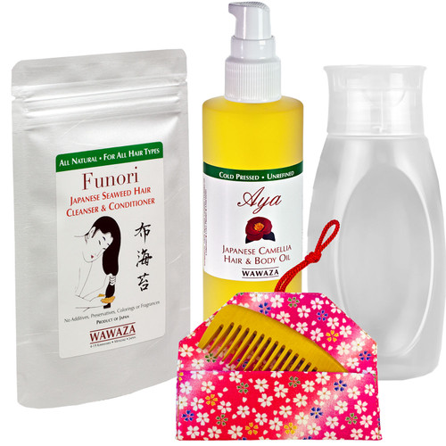 Japanese Tsuge Wood Comb, Funori Seaweed Hair Cleanser and Conditioner and Aya Japanese Camellia Hair and Body Oil
