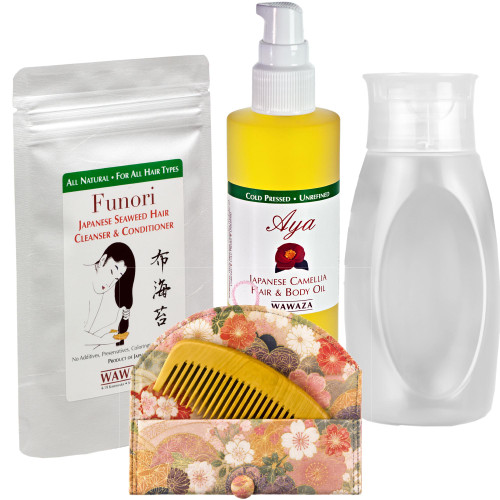 Japanese Tsuge Wood Comb, Funori Seaweed Hair Cleanser and Conditioner and Aya Japanese Camellia Hair and Body Oil