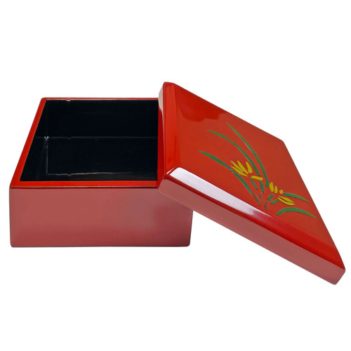 Red Urushi Lacquer Keepsake Box with Orchid Motif