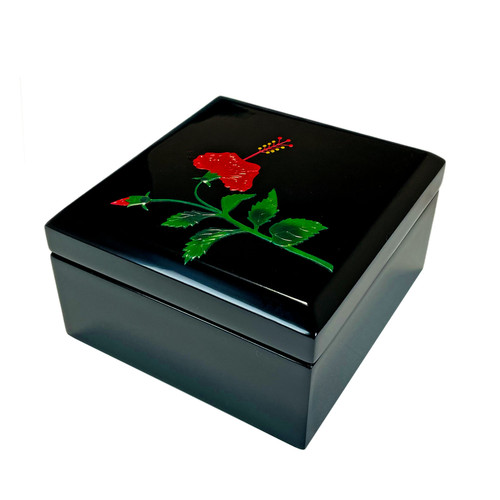 Urushi Lacquer Business Card Holder with Hibiscus Motif - WAWAZA
