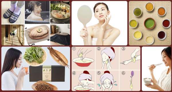 Japanese wellness collage: skincare, teas, minimalist living, healthy food, and rituals