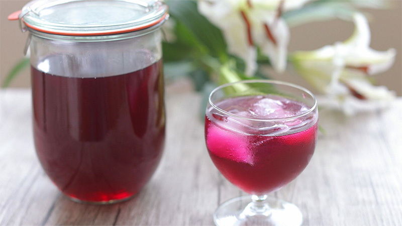 Cup of Japanese red shiso juice over ice