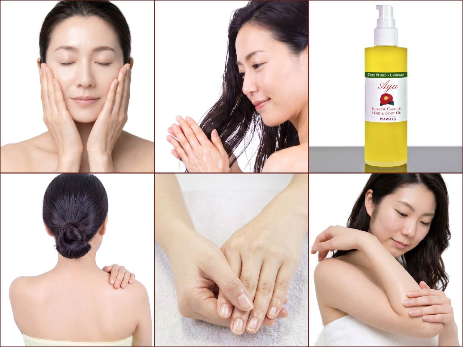 How-to-use-japanese-camellia-oil-700 Collage of women using Japanese Camellia oil for skin, body and hair care