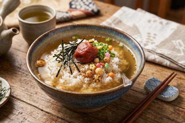 Japanese ochazuke green tea rice with umeboshi plum