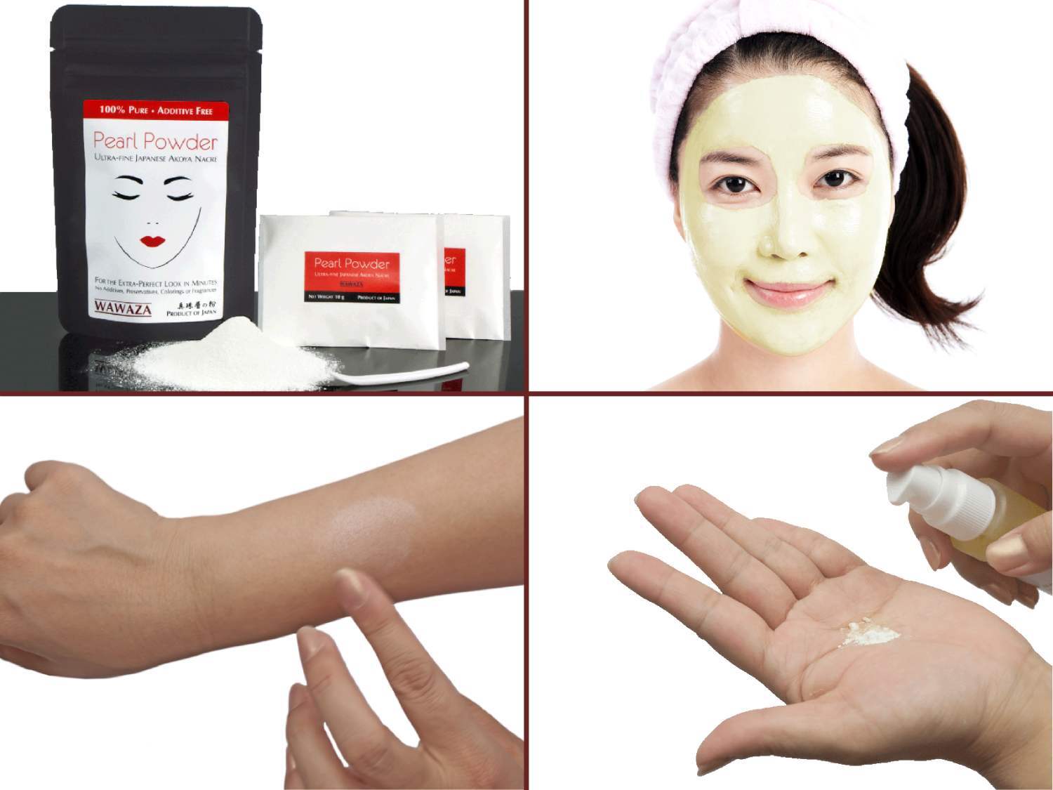 Various uses of pearl powder Collage of Japanese Akoya pearl powder uses and benefits