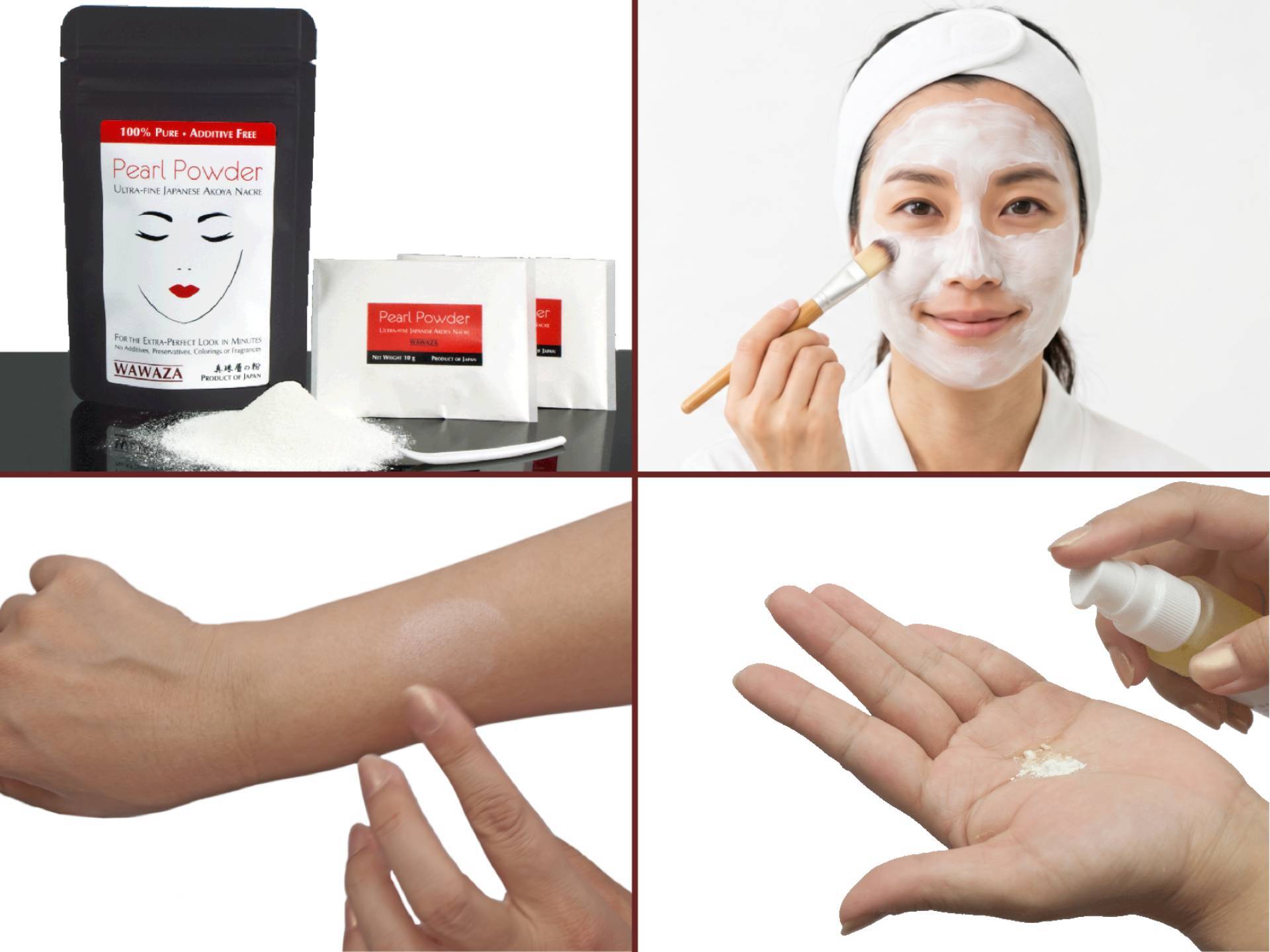 Various uses of pearl powder Collage of Japanese Akoya pearl powder uses and benefits