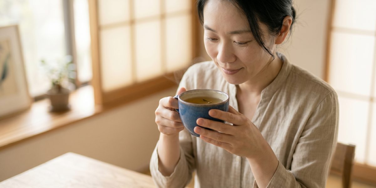 Japanese woman drinking herbal tea in a traditional Japanese-style room