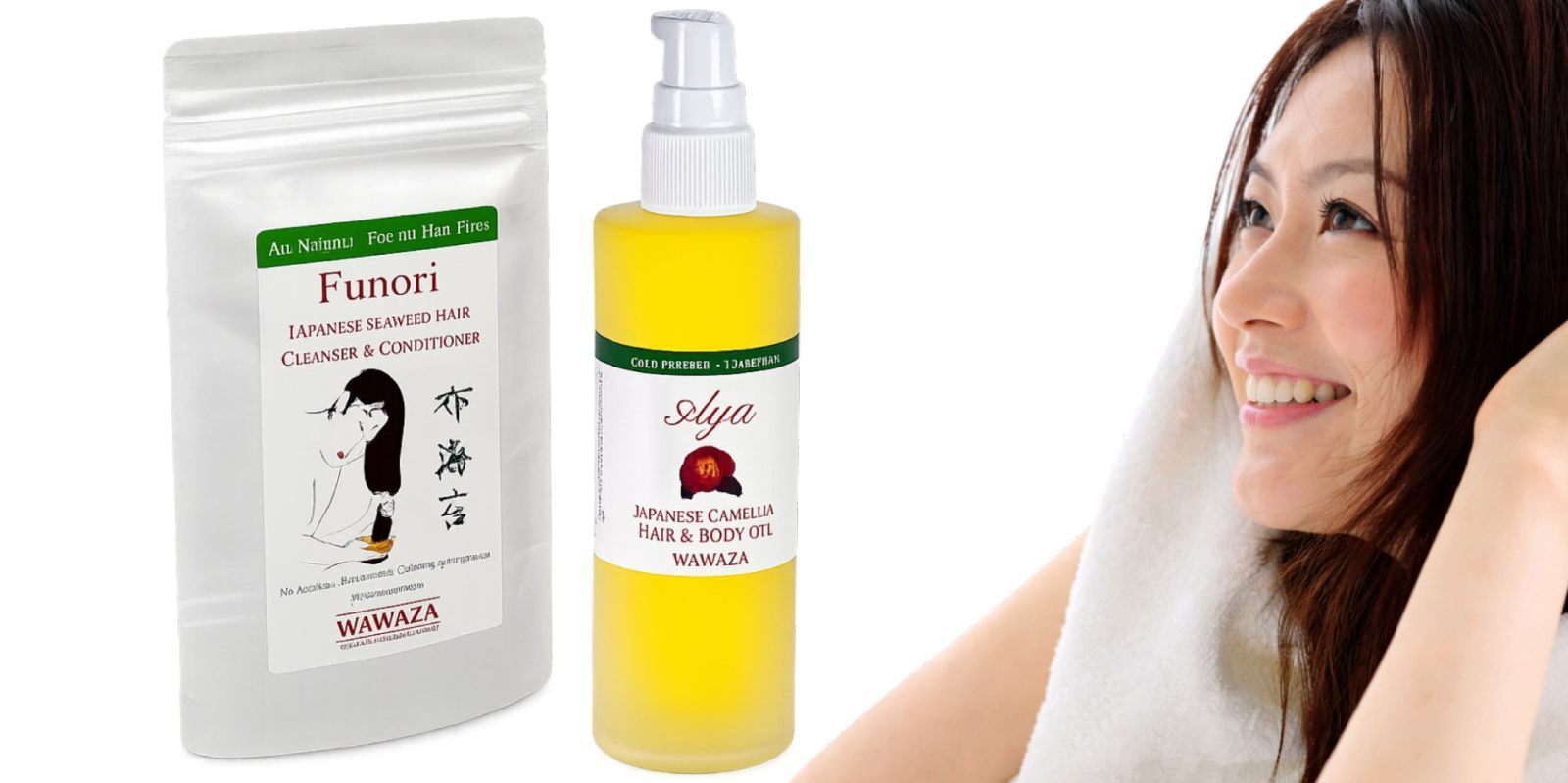 Japanese woman drying her hair with towel beside Funori seaweed hair cleanser and Aya camellia hair oil on a white background