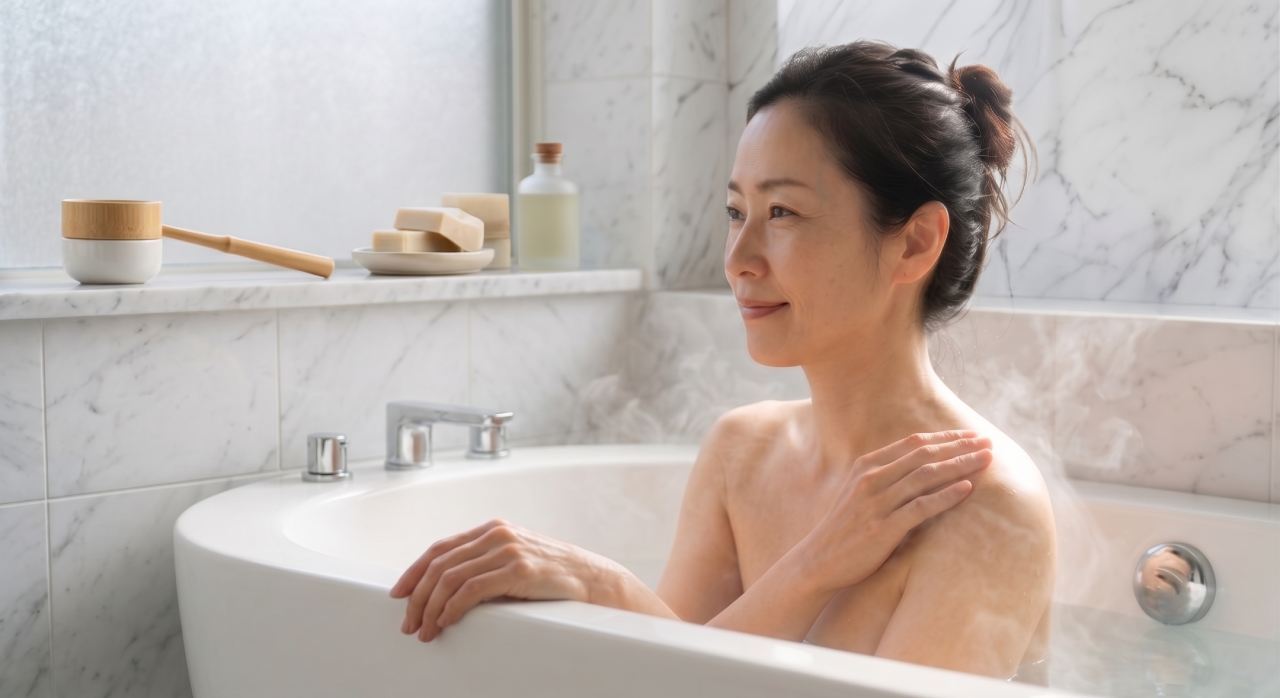 Japanese woman relaxing in a warm bath at home, illustrating the traditional Japanese bathing ritual for relaxation, stress relief, healthy skin, and overall well-being.