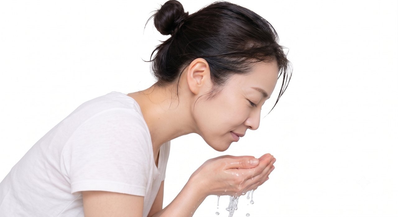 Japanese woman gently washing her face with lukewarm water in the morning in her Miyazaki home, part of her daily Japanese skincare routine.