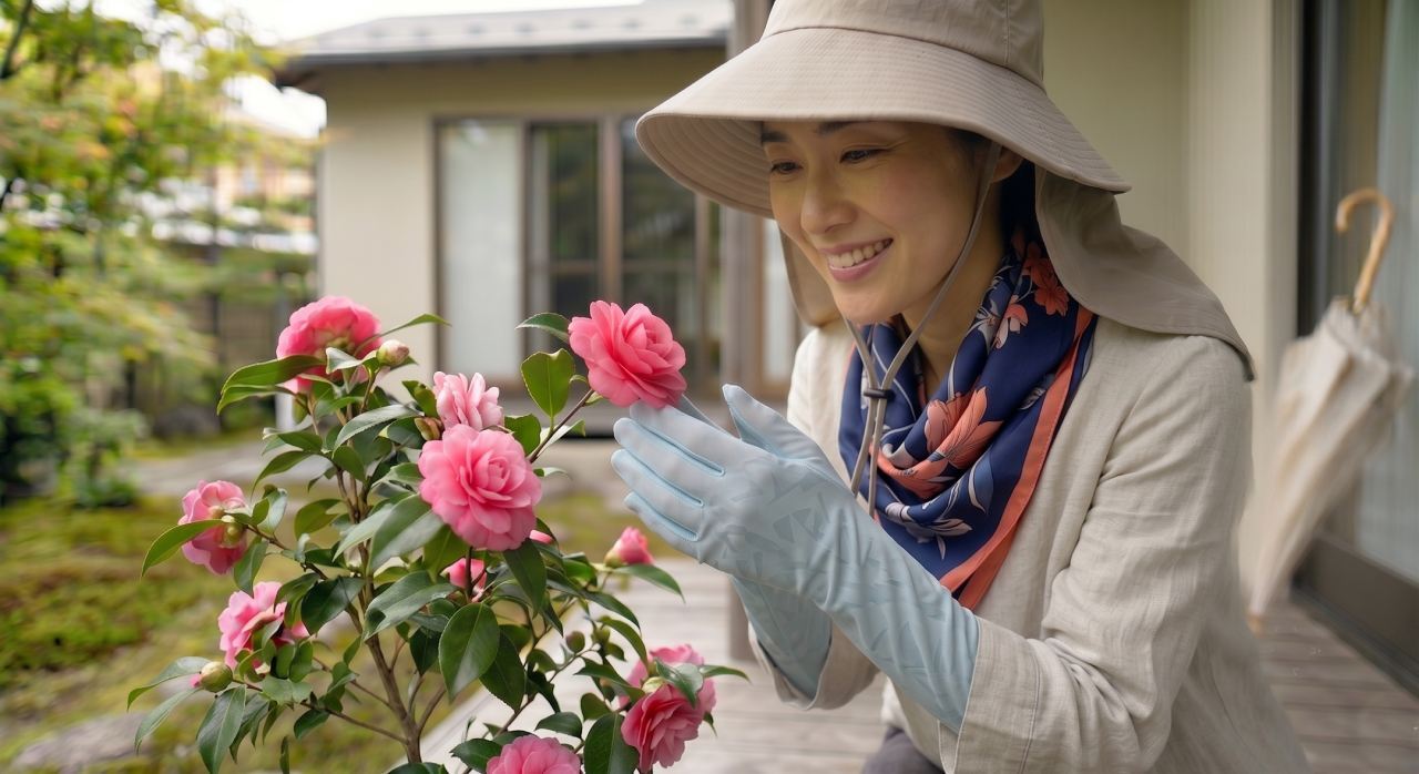 Japanese woman tending flowers outdoors while wearing a sun hat, scarf, and UV-protective gloves, illustrating traditional Japanese sun protection practices for healthy, youthful-looking skin.