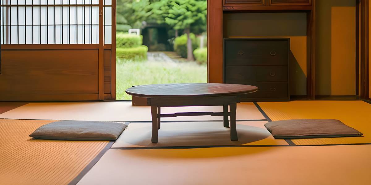 Traditional Japanese tatami room Traditional Japanese tatami room with an open view of a garden, illustrating the minimalist concept of Ma