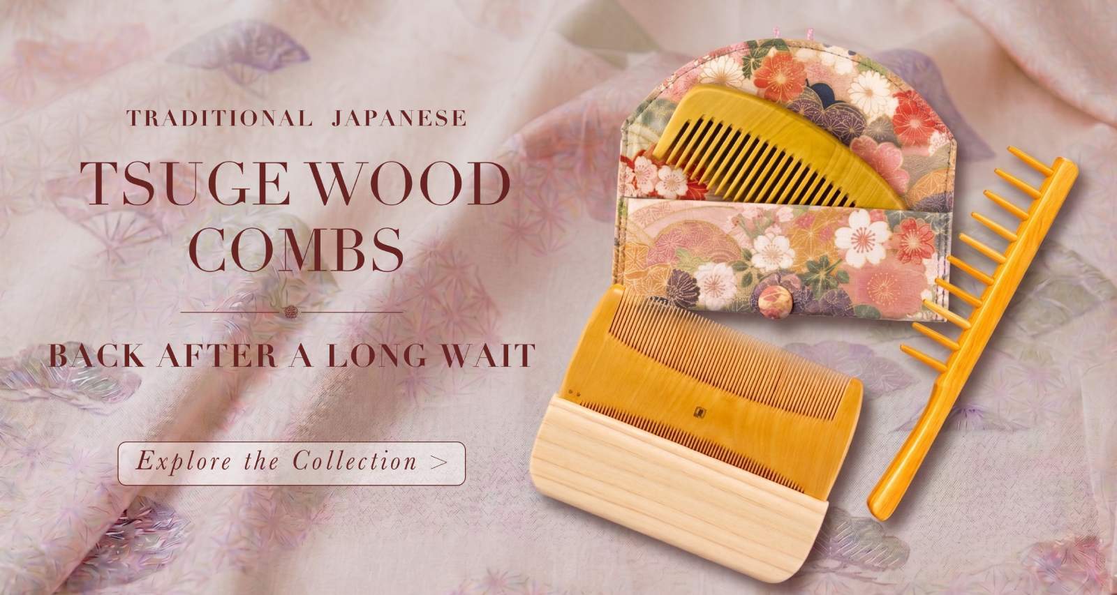 Traditional Japanese Tsuge Wood Combs on a Kimono Silk Background