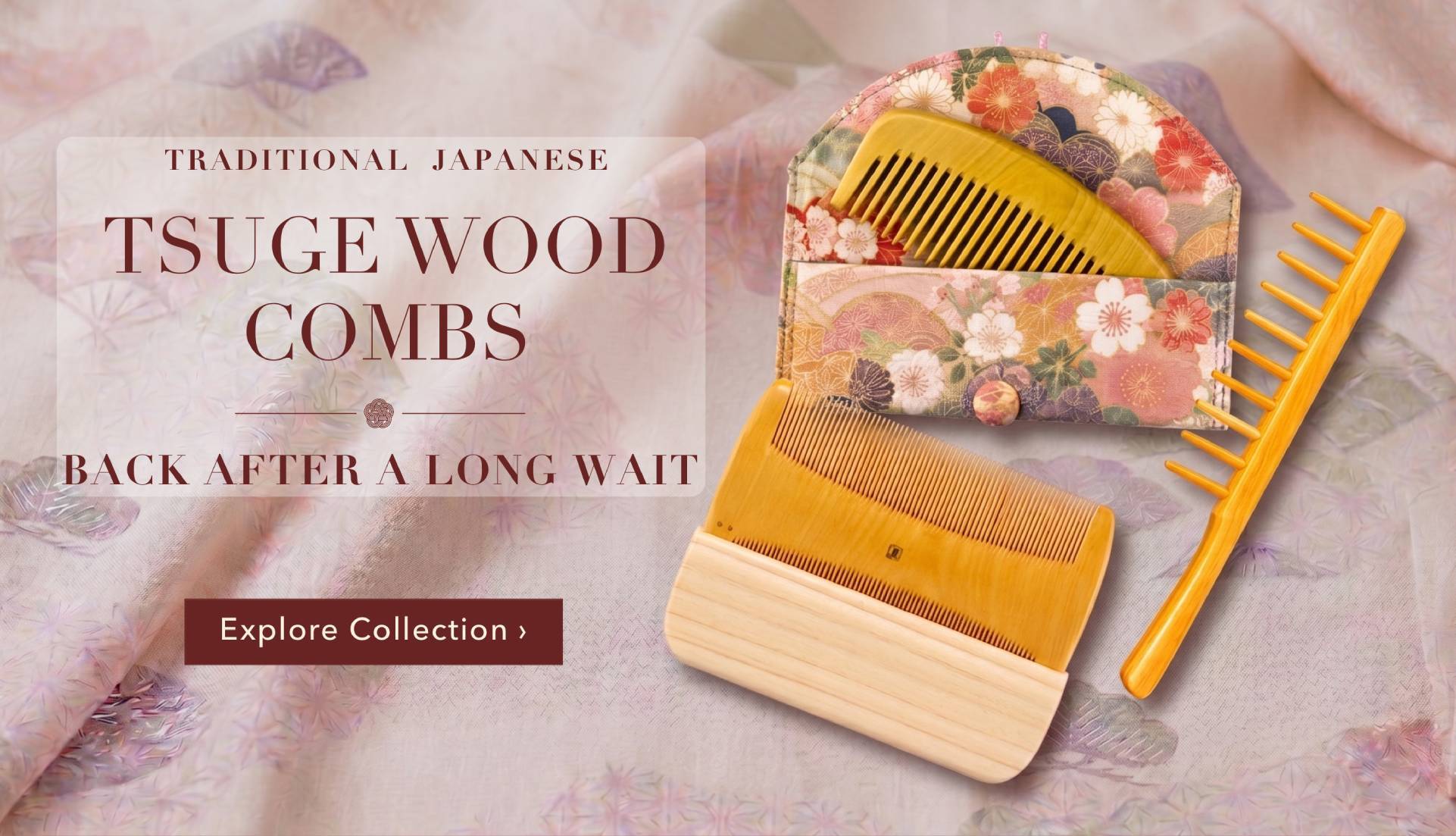Traditional Japanese Tsuge Wood Combs on a Kimono Silk Background