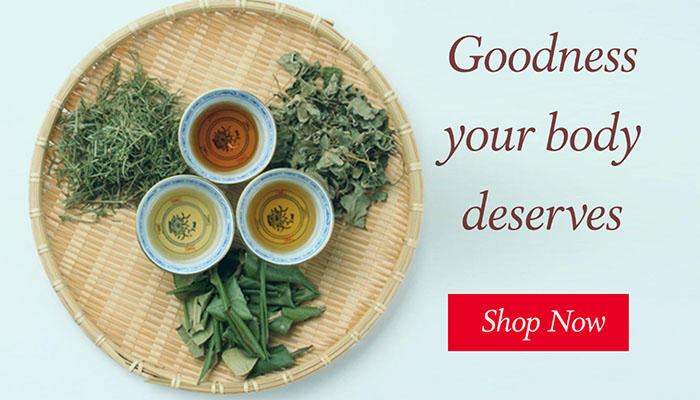 Three Japnese herbal teas on a bamboo tray