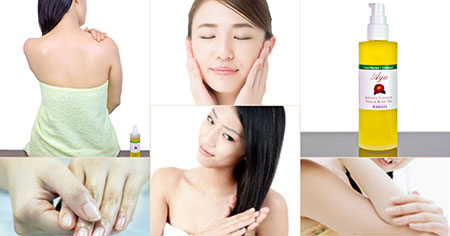 Collage of Japanese women using camellia oil for hair, body and skincare