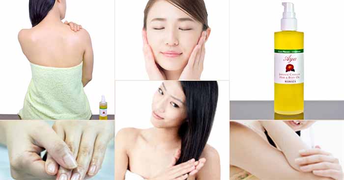 Collage of women using Japanese Camellia oil for skin, body and hair care