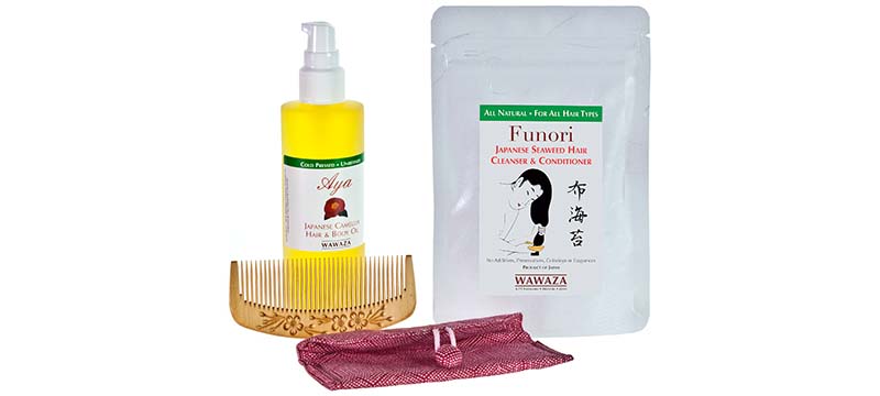 Japanese hair care kit with camellia oil, Funori seaweed cleanser and wood comb