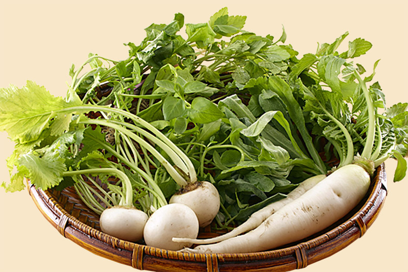 Seven herbs (Japanese nanakusa) on a bamboo tray