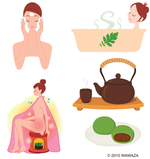 Herbal tea (yomogi-cha), rice cakes (yomogi-mochi), yomogi soap, yomogi bath (yomogi-yu), and ladies' steam sauna (yomogi-mushi)