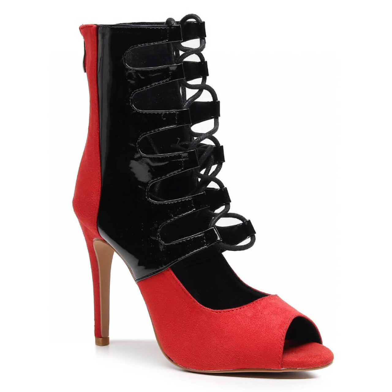 Ryann - Red and Black Lace Up Open Toe Strappy Heel - Burju Shoes
