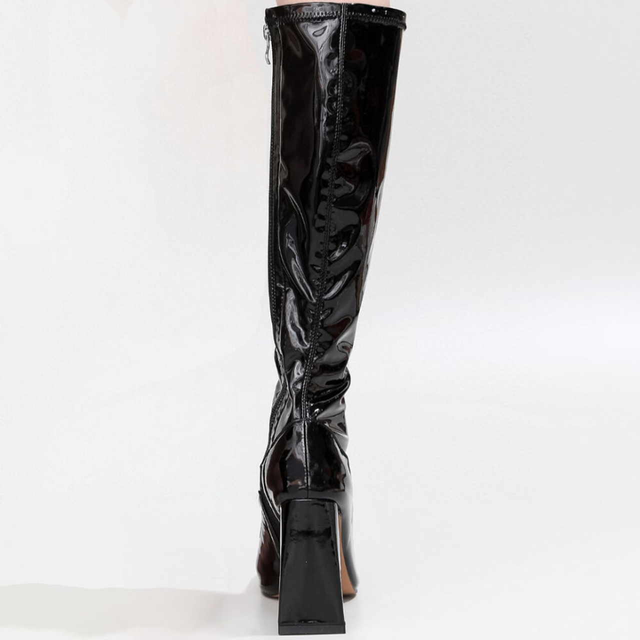 La Gogo Calf Boot - Black - Stretch Vegan Shiny Leather Block Heel ...