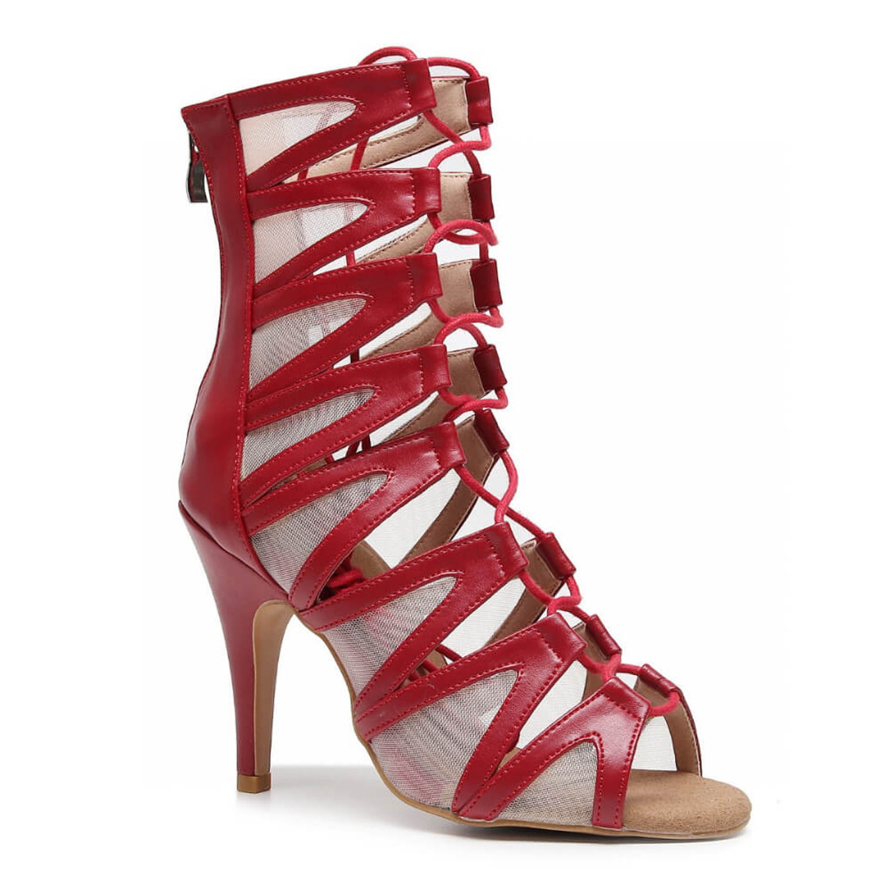 Vikky - Red, 3.5 or 4 inch Stiletto Heel, Strappy Mesh Cut Out Lace Up  Ankle Boot - Burju Shoes