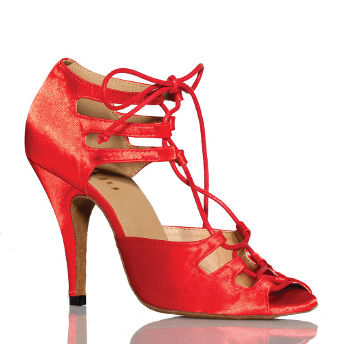Alemana - Red Satin Open Toe Lace Up Stiletto Dance Shoe - 4 inch Heels